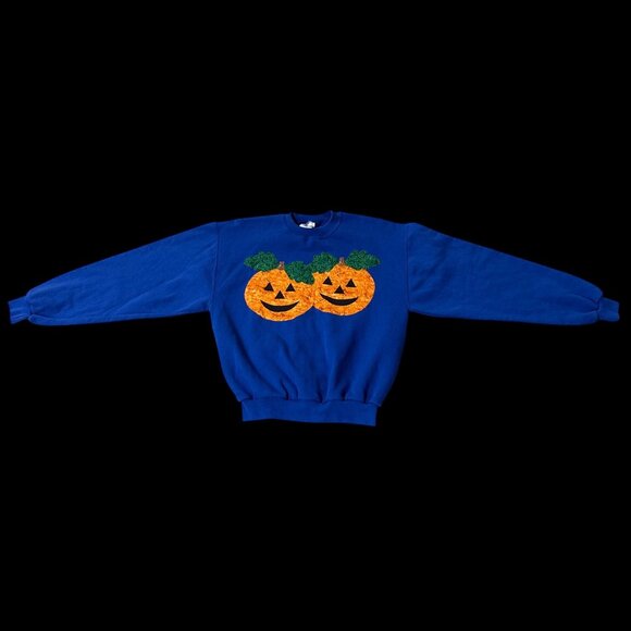 Vintage Halloween Pumpkin Sweatshirt Pullover Fall Jack O Lantern Blue 1990s Med - Picture 2 of 8